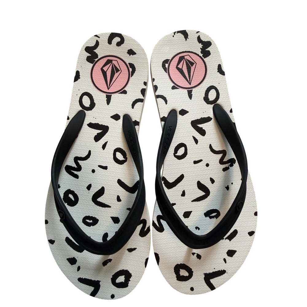 Volcom White Flip Flops with Repeating Logo Print Women's Size 6.5 – Pre-Owned